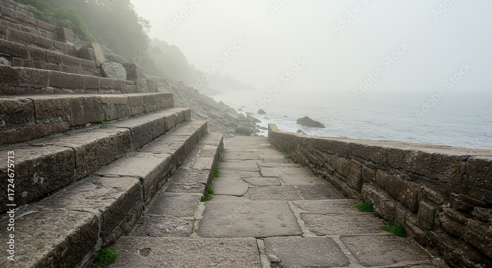 Obraz premium Stone steps leading to coastline in fog