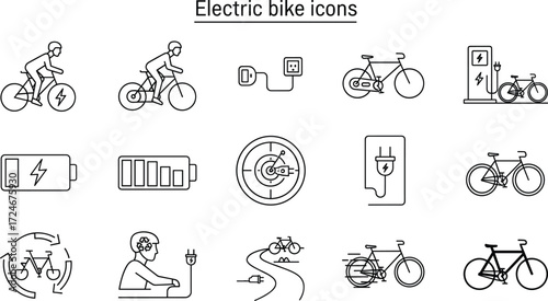 Electric bike icon set, battery, charging, mobility, sustainability, black and white line art, vector illustration, eco transport, e-bike symbols