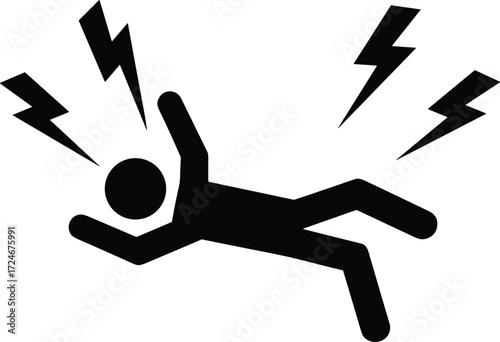 Electrocution hazard icon, lightning bolt silhouette, safety warning, electric shock symbol, black vector illustration, danger alert, workplace safety signage