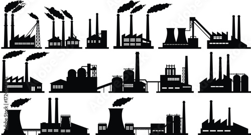 Industrial building silhouette set, factory icons, smokestack structures, black vector illustration, manufacturing plant, pollution concept, infrastructure design, energy production