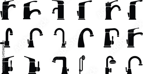 Faucet silhouette icon set, plumbing fixtures, kitchen tap, bathroom faucet, black vector illustration, water supply design, modern hardware, utility shapes