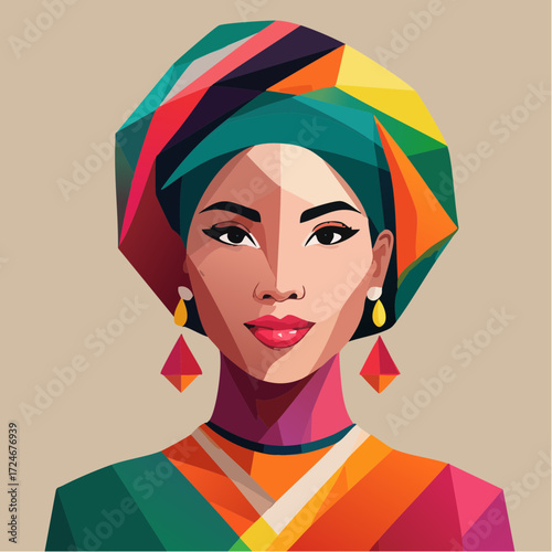 Modern abstract portrait of a Black man with an afro and goatee, rendered in a colorful and stylish polygonal art concept