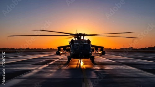 Helicopter silhouetted against a vibrant sunset on a runway.