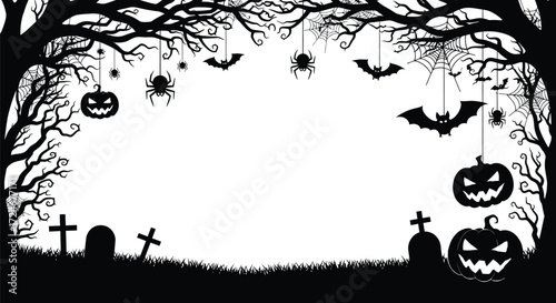 Spooky Halloween silhouette scene with pumpkins, bats, spiders, and graves.