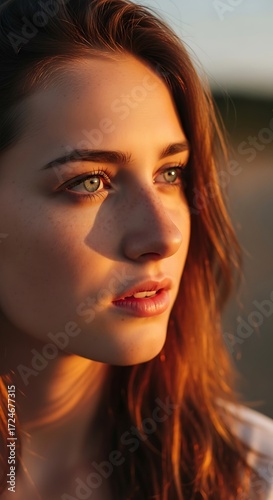 A close-up portrait of a woman with radiant skin and captivating blue eyes, bathed in warm sunset light.