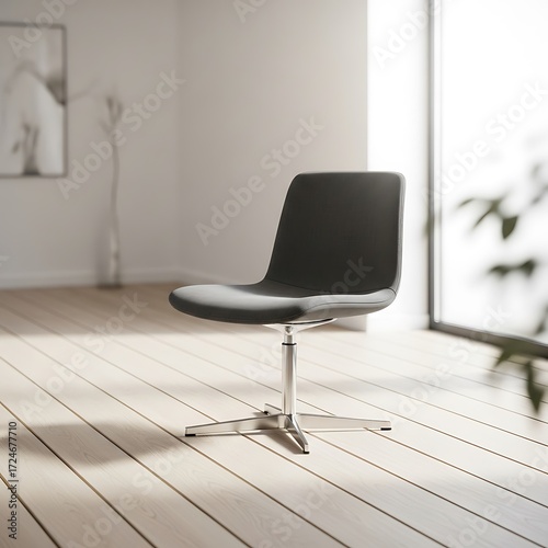 A modern, minimalist chair with a dark gray upholstered seat and a light metal base stands on a light wooden floor in a bright, airy room.
