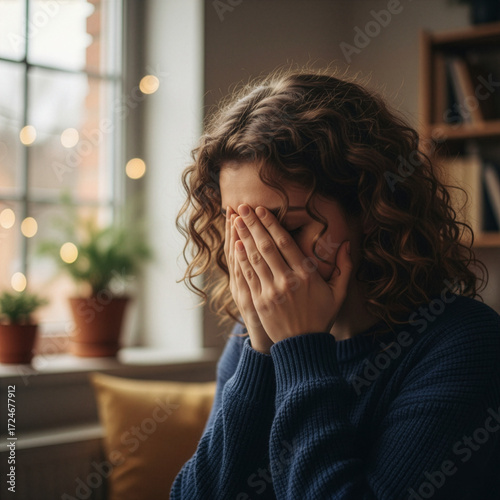sad woman sitting on the couch and crying