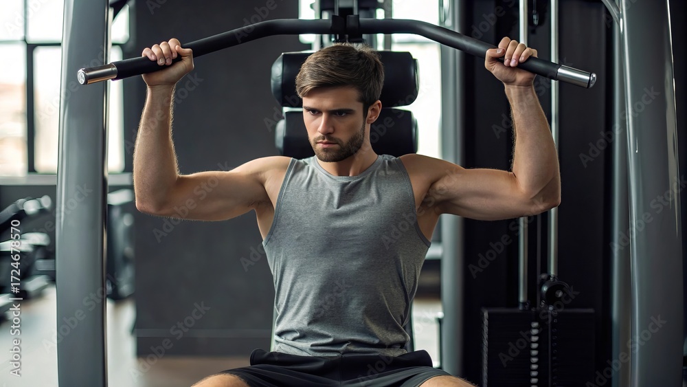 Naklejka premium Young man in modern gym performing lat pulldown exercise for back muscles, showcasing strength, athletic body, and fitness dedication
