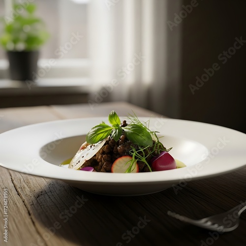Aromatic dish of savory meat and vegetables artfully arranged on a pristine white plate.