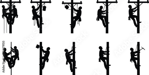 Utility worker silhouette set, climbing poles, electrical maintenance, black vector illustration, safety gear, lineman job, power line repair, construction icons