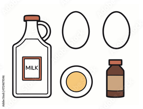 Cartoon illustration of a milk bottle whole eggs and a yolk