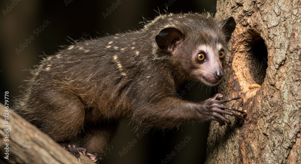 Fototapeta premium Small furry animal exploring tree hollow