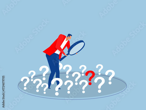 Found a lot of problems,businessman uses a magnifying glass to examine a question mark Analyzing and researching problems and finding solutions vector