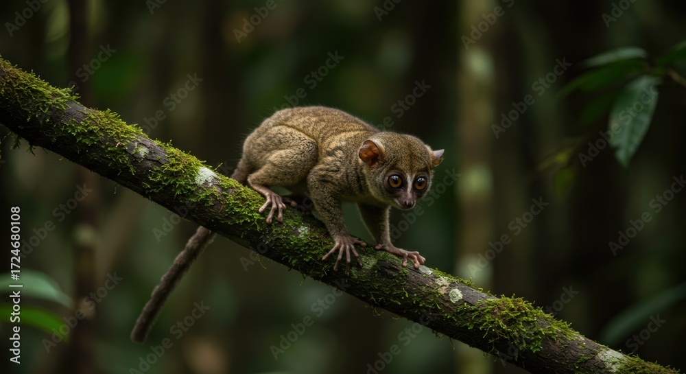 Obraz premium Small lemur on branch in forest