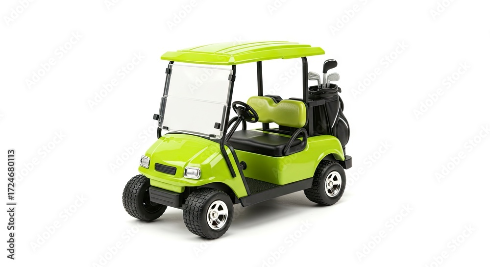 Fototapeta premium A bright green golf cart with golf clubs in the back stands on a white background