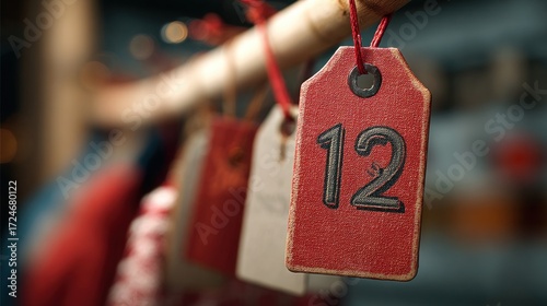 Red tag with number 12 hanging, part of a festive countdown or collection