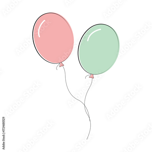 Two pastel colored balloons tied together floating in the air