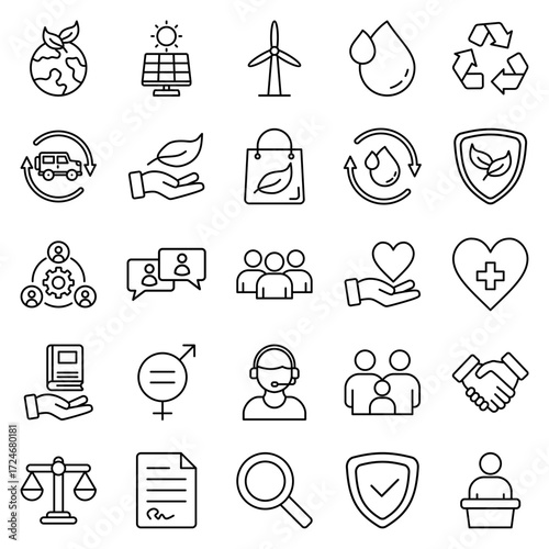 ESG Set of 25 thin line icon vector illustration for Environment Social Governance of corporate sustainability performance for investment screening