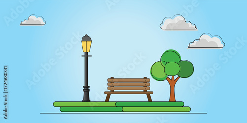 Park scene with bench, tree, and lamppost on a sunny day illustration