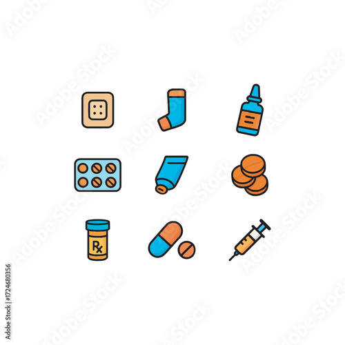 Colorful bold-outlined vector icons for drug delivery forms � tablet, capsule, injection syringe, IV bag, inhaler, transdermal patch, and eyedrop bottle for pharmaceutical treatment