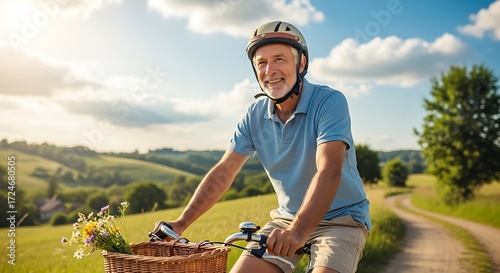A senior man enjoys a scenic bike ride through a picturesque countryside under a bright, sunny sky.
