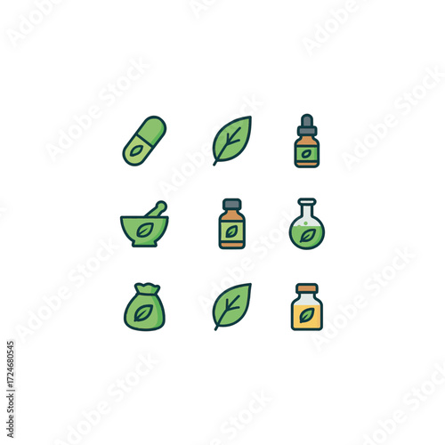 Bright vector cartoon icons with bold outlines for natural and herbal medicine � herbal capsule, green leaf, essential oil bottle, ginseng root, tea infusion, and flower extract