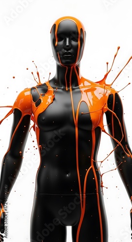 A black mannequin is adorned with flowing orange paint, creating a dynamic and striking visual.