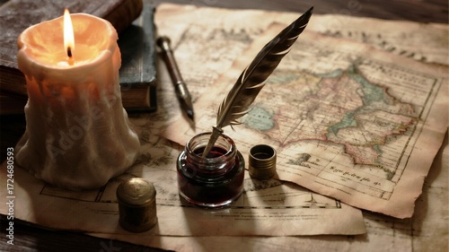 Vintage quill pen poised over antique map with burning candle casting warm glow, evoking history, exploration, and timeless wisdom