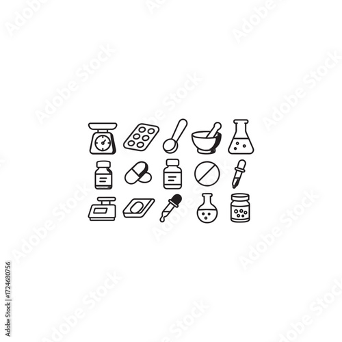 Black and white outline vector icons of pharmacist tools � weighing scale, pill counter tray, measuring spoon, compounding equipment, laboratory flask, and dropper in minimal style