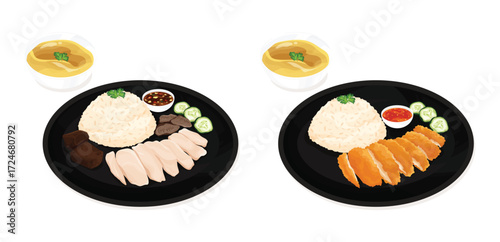 Vector illustration of Thai chicken rice and fried chicken rice served with cucumber, soup, and dipping sauce on black plates.