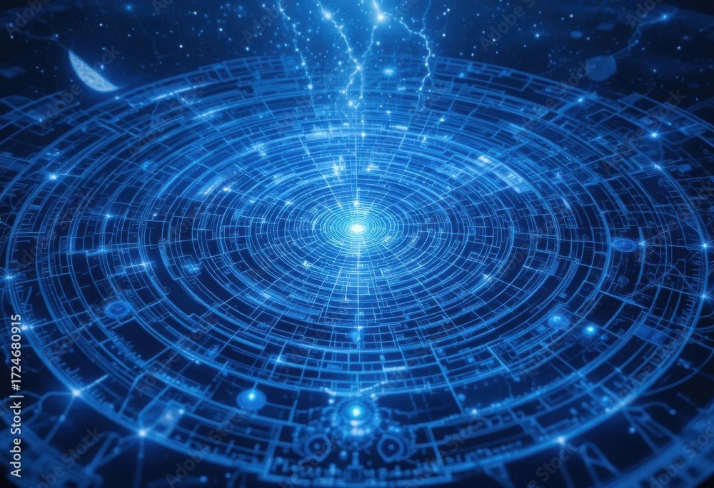Obraz premium Ethereal Blueprint An Ultra Detailed Map of Transient Celestial Structures, a Study in Sapphire and Indigo.