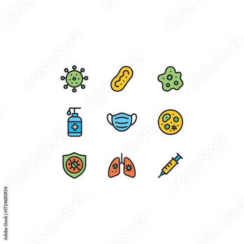 Cartoon vector icons with bold outlines of biotechnology virus and vaccine symbols � virus structure, vaccine syringe, antigen, and immune response used in pharmaceutical research
