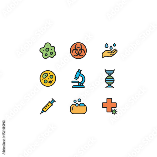 Cartoon vector icons with bold outlines of biotechnology virus and vaccine symbols � virus structure, vaccine syringe, antigen, and immune response used in pharmaceutical research