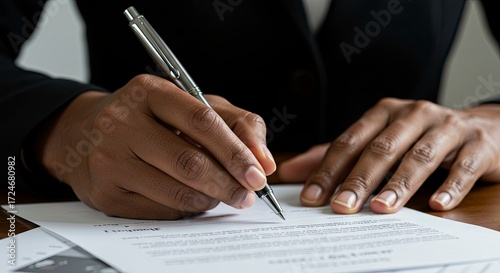 A person with dark skin wearing a black blazer signs a document with a silver pen