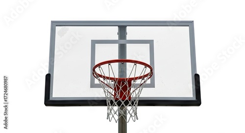 A front view of a basketball hoop net and backboard against a white background