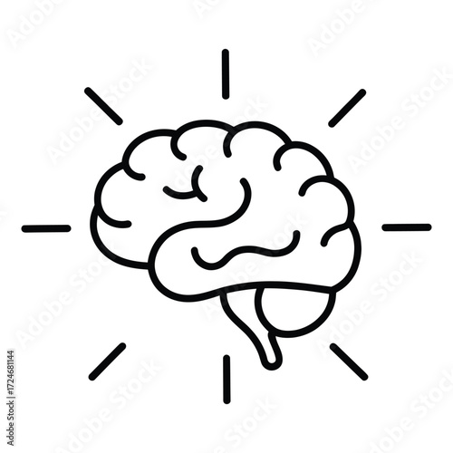 Illustration of a brain with radiating lines, symbolizing intelligence, thought, and cognitive function in a simple, clean design