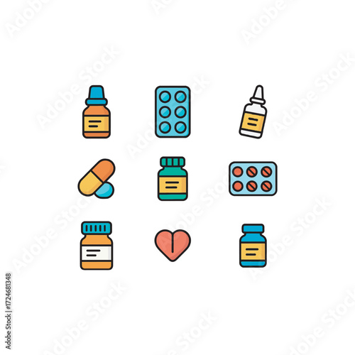 Playful cartoon vector icons with bold outlines for over-the-counter medicine � cough syrup, pain relief tablets, nasal spray, throat lozenges, topical cream, and vitamin jar