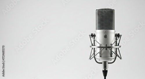 A silver microphone sits on the right against a plain gray background