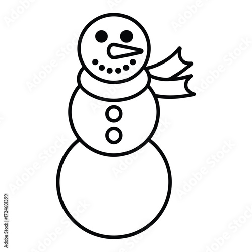 Illustration of a snowman the snowman has a scarf, buttons, and a carrot nose the snowman is a simple line drawing, suitable for use as an icon