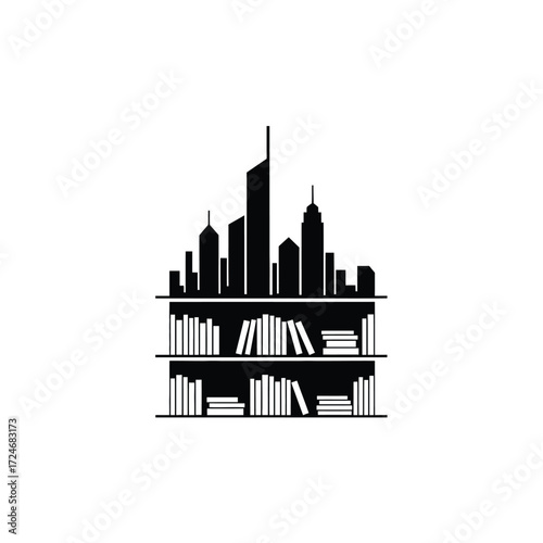 Vector illustration of silhouette of a cityscape formed by bookshelves