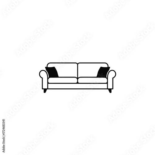 Vector illustration of line art drawing of a sofa with two pillows