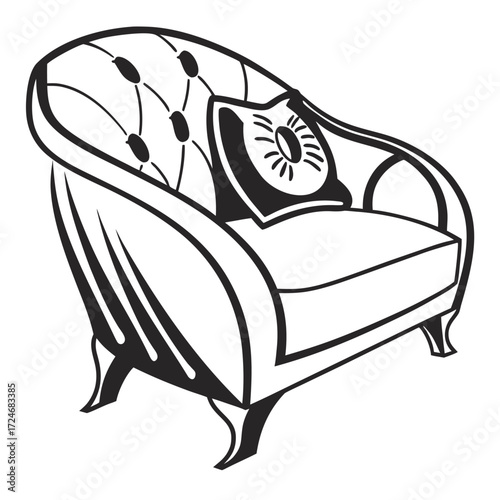Vector illustration of line art drawing of a tufted armchair with a pillow