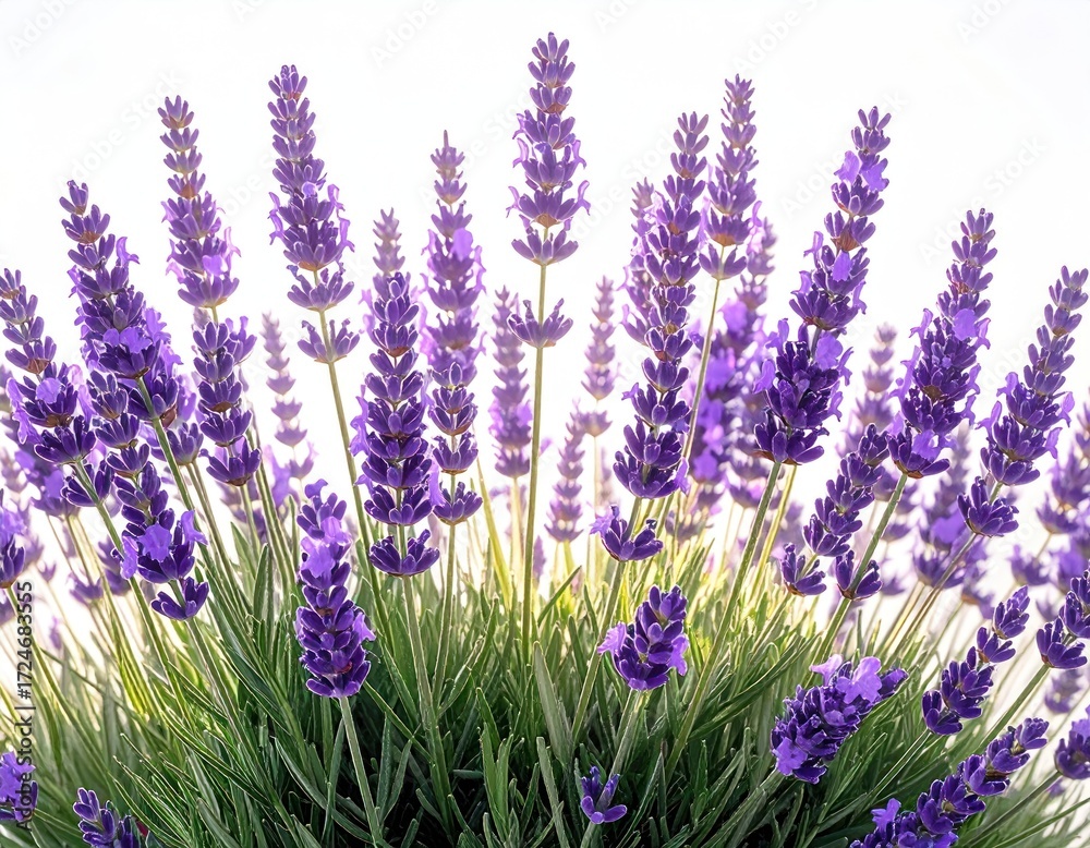 Obraz premium Vibrant lavender flowers clustered tightly with green foliage, backlit by a bright, soft light creating an airy, serene, & botanical composition