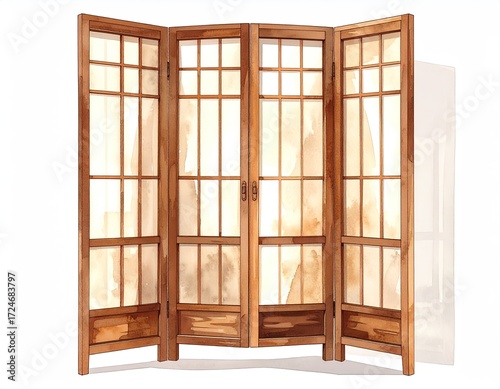 Three-panel room divider, light brown wood frame with gridded translucent paper inserts, subtly textured watercolor style