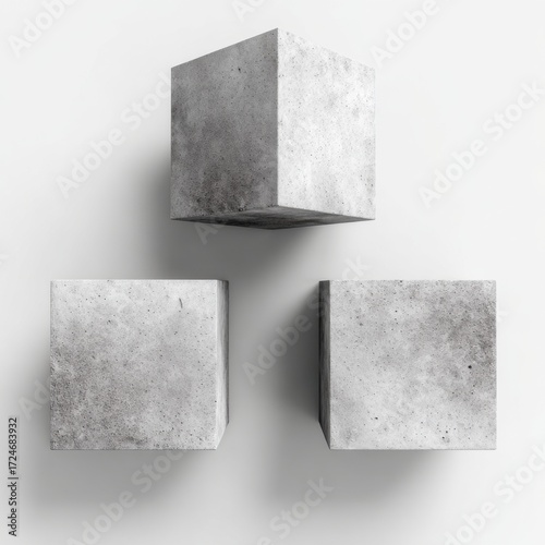 Three gray concrete cubes arranged in a triangle on a white background