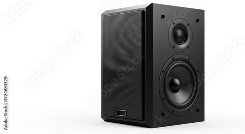 Black speaker featuring a grillcovered section and two circular drivers on the side