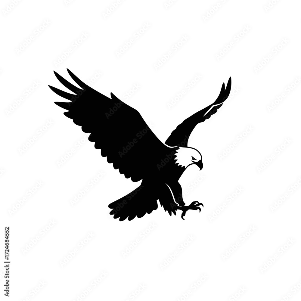 Obraz premium Black and white illustration of a soaring eagle in flight focused on the birds powerful form and dynamic pose.