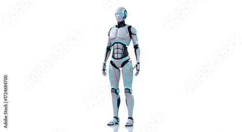 A white and grey humanoid robot stands on a white surface with blue lights