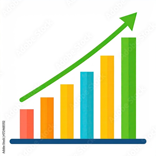 Ascending bar graph with upward trending green line, showcasing progressive growth in colorful bars on a navy base