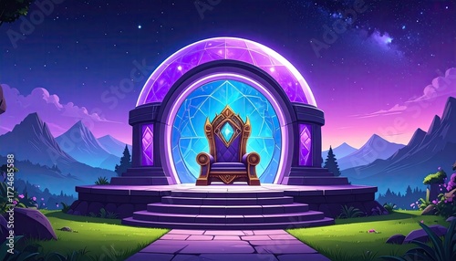 A majestic throne sits within a crystalline archway, nestled on a stone platform overlooking a serene, mountainous landscape under a twilight sky